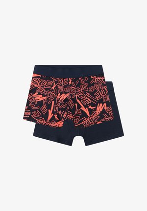Boxer shorts featuring a navy blue material with a vibrant red graphic pattern. Design includes bold, abstract text and shapes.