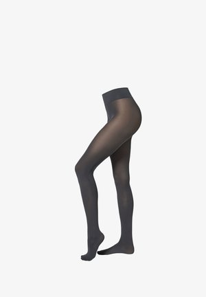 Pantys opacas negras con una textura suave y una cinturilla alta, diseñadas para ajustarse estrechamente a la pierna, extendiéndose hasta el tobillo.