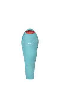 Sac de couchage bleu clair avec un design effilé et un intérieur rouge. Équipé d'une finition mate, d'un zipper complet, et du logo Millet sur l'extérieur.