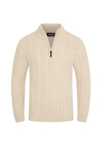 Cremfarbener Kabelstrickpullover mit einem halben Reißverschluss, der strukturierte Muster und einen gerippten Saum aufweist. Hergestellt aus einem weichen, voluminösen Garn. Größe S.