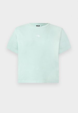 Vaaleanvihreä, lyhythihainen T-paita, jossa on pyöreä kaula-aukko ja pieni valkoinen The North Face -logo keskellä rintaa.