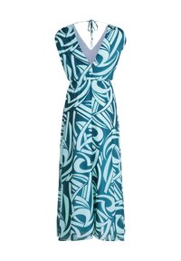 Lange jurk met een teal en lichtblauw swirlpatroon, gemaakt van lichtgewicht stof. De V-halslijn en de strik achteraan accentueren het ontwerp.