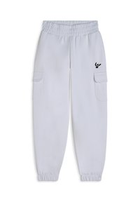 Pantaloni cargo bianchi con vita elastica, polsini a coste, due tasche laterali e un piccolo logo sulla gamba sinistra. Tessuto morbido.