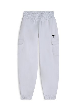 Pantaloni cargo bianchi con vita elastica, polsini a coste, due tasche laterali e un piccolo logo sulla gamba sinistra. Tessuto morbido.