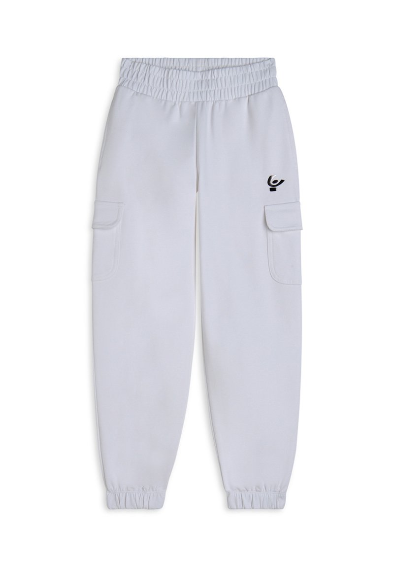 Pantaloni cargo bianchi con vita elastica, polsini a coste, due tasche laterali e un piccolo logo sulla gamba sinistra. Tessuto morbido.