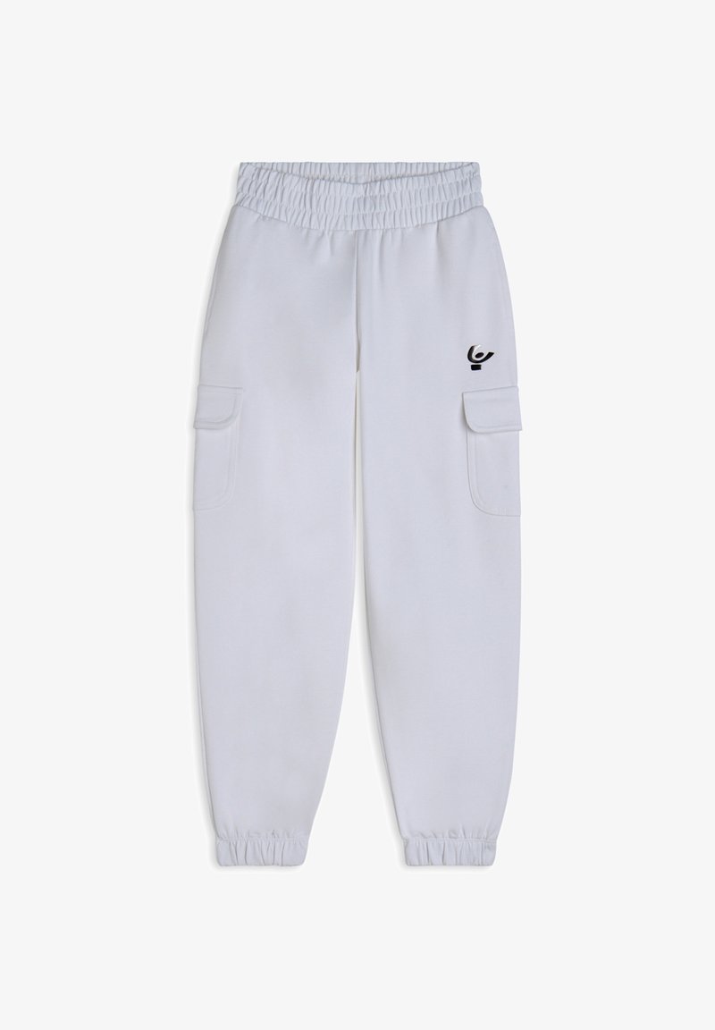 Pantaloni cargo bianchi con vita elastica, polsini a coste, due tasche laterali e un piccolo logo sulla gamba sinistra. Tessuto morbido.