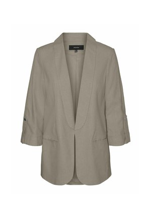 Béžový blazer vyrobený z lehkého materiálu, se šálovým klopem, tříčtvrtečními rukávy a dvěma předními kapsami s knoflíkovými detaily.