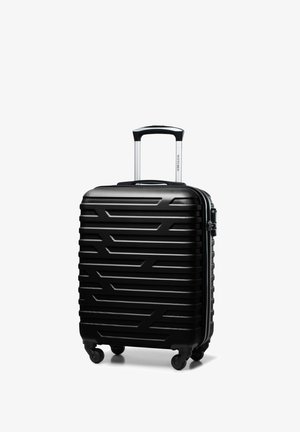Valigia rigida nera con un motivo a zigzag testurizzato, cerniera argento e manico estensibile in alluminio. Quattro ruote girevoli per la mobilità.