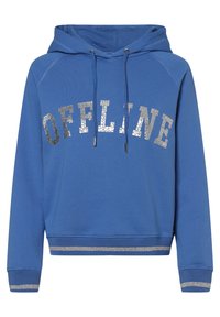Sudadera azul con un gráfico frontal que dice "OFFLINE" en letras plateadas agrietadas. Presenta una capucha con cordón y puños con detalles plateados.