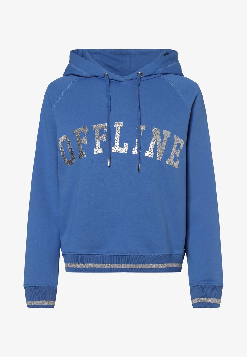 Blå huvtröja med en framsida som har texten "OFFLINE" i sprucken silverfärg. Den har en justerbar huva och ärmar med silverdetaljer.