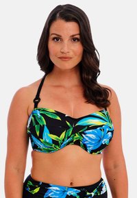 Bold, zwarte bikini-top met een grote blauwe en groene bloemenprint, onderwireondersteuning en verstelbare zwarte bandjes voor een veilige pasvorm.