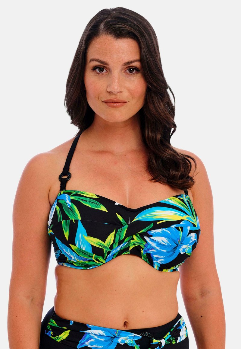 Bold, zwarte bikini-top met een grote blauwe en groene bloemenprint, onderwireondersteuning en verstelbare zwarte bandjes voor een veilige pasvorm.