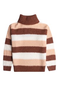 Sweter w paski o miękkiej, prążkowanej fakturze i wysokim kołnierzu. Kolory obejmują brązowy, kremowy i brzoskwiniowy w naprzemiennych poziomych pasach.