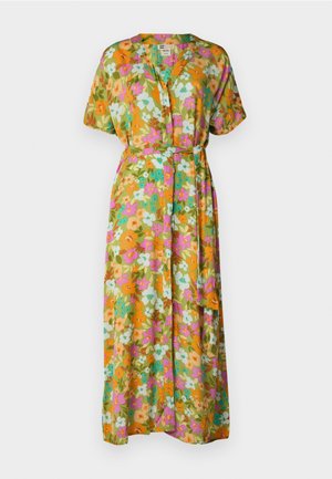 Vestido maxi com um padrão floral nas tonalidades de laranja, rosa, turquesa e verde. Feito de um tecido leve, com mangas curtas e cinto de laço.