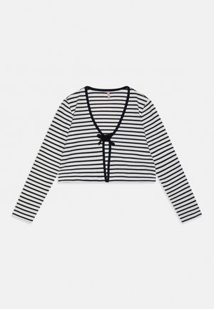 Schwarz-weiß horizontal gestreifter, langärmeliger, kurzer Cardigan mit tiefem V-Ausschnitt und vorderer Bindung.