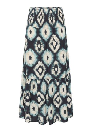 Fustă maxi de culoare navy închis, cu un model tie-dye care acoperă întreaga suprafață, având forme de diamante albe și teal. Are un elastic în talie și un tiv în straturi.