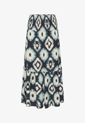 Maxi sukňa v tmavomodrej farbe s celoplošným tie-dye vzorom, ktorý obsahuje biele a tyrkysové diamantové tvary. Má nariasený pás a vrstvený lem.
