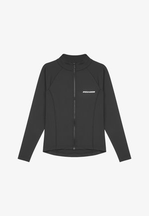 Chaqueta negra de manga larga con cremallera, hecha de un material liso y elástico. Presenta un cuello alto y el logo 'PEGADOR' en el lado izquierdo del pecho.
