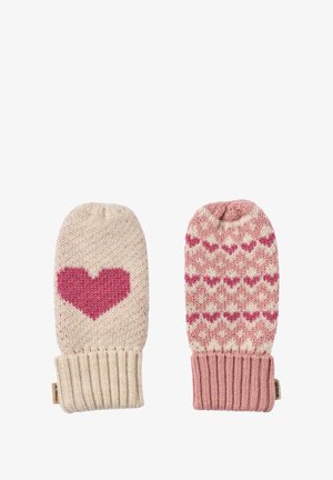 Manoplas de lana en crema y rosa. La de la izquierda presenta un patrón de corazones; la de la derecha tiene un diseño geométrico con corazones más pequeños. Puños acanalados en las muñecas.
