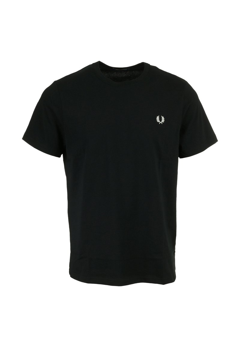 Schwarzes Baumwoll-T-Shirt mit rundem Ausschnitt, kurzen Ärmeln und einem kleinen weißen Logo auf der linken Brust; glatte Textur und normale Passform.