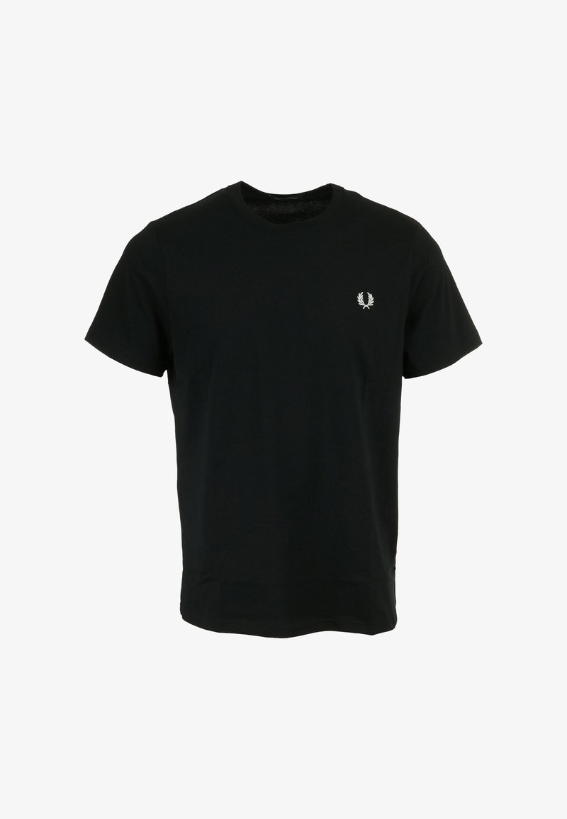 Camiseta de algodón negra con cuello redondo, mangas cortas y un pequeño logo blanco en el lado izquierdo del pecho; textura suave y corte estándar.