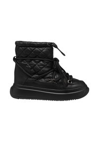 Schwarze, gesteppte Ankle Boots mit gepolsterter Kragen, ausgestattet mit Schnürdetails und einer Gummisohle. Glatte Lederakzente und schwarze Schnürsenkel.