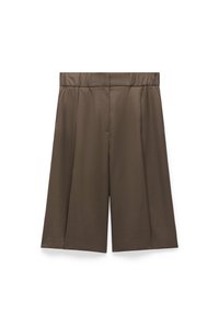 Brązowe spersonalizowane szorty z szeroką nogawką, plisowanym wzorem, elastycznym pasem i gładkim, teksturowanym materiałem.