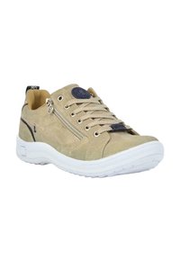 Zapatilla de lona beige con suela de goma blanca, cierre con cordones, cremallera lateral y detalles en azul marino. Presenta un upper texturizado y un parche con el logo.