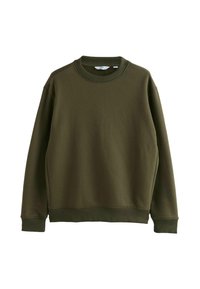 Oliven grøn sweatshirt med rund halsudskæring, ribbede manchetter og kant. Lavet af blødt materiale, med lange ærmer og en afslappet pasform.