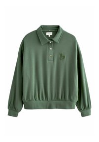 Felpa verde con colletto, pattina con tre bottoni, orlo elastico e un piccolo logo ricamato sul petto. Tessuto morbido.