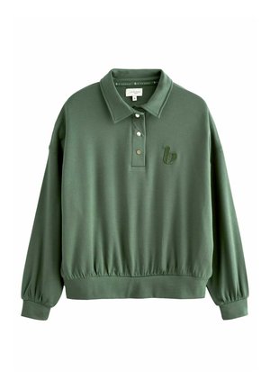 Groene pullover sweatshirt met een kraag, drie-knopenbies, elastische zoom en een klein geborduurd logo op de borst. Zachte stoftextuur.