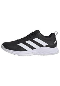 Black athletic shoe with mesh upper, three white stripes on the side, cushioned sole, and textured rubber outsole for traction.