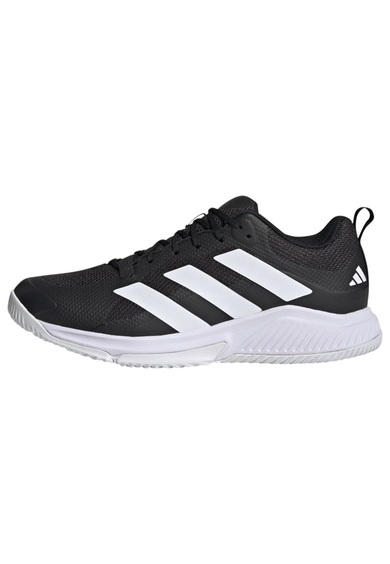 Black athletic shoe with mesh upper, three white stripes on the side, cushioned sole, and textured rubber outsole for traction.