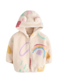 Veste crème douce avec capuche, présentant des motifs abstraits colorés et des accents en forme d'oreilles d'ours. Fermeture avant zippée.