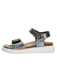 Iridescent sandály s hadím vzorem, černými pásky, korkovou stélkou a bílou gumovou podrážkou s flexibilním designem.