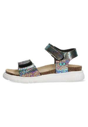 Iridescent sandals featuring a snake-skin pattern, black straps, cork footbed, and a white rubber sole with a flexible design.