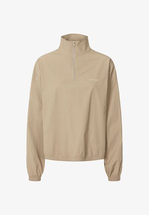 Veste beige à demi-fermeture éclair avec col haut, poignets élastiqués et coupe décontractée. Présente un logo discret sur le devant. Matière légère.