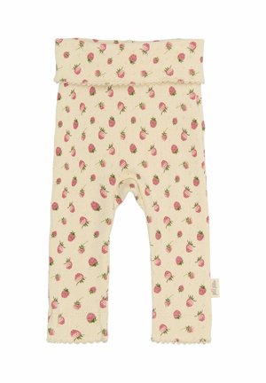 Kerged kreemjad retuusid, millel on maasika muster, harkkumi ääre ja volditav vöökoht. Valmistatud pehmest, tekstuuriga kangast.