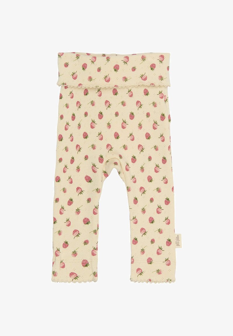 Világos krémszínű leggingsek epermintával, hajtogatható derékkal és hullámos szegéllyel. Puha, texturált anyagból készült.