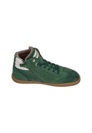 Green suede high-top sneaker with brown sole, white heel stripes, inner zipper, and dark green laces.
