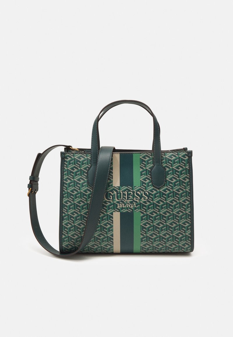 Sac à main Guess vert à motifs avec doubles poignées, bandoulière réglable et rayures verticales beige, vert foncé et vert clair sur le devant.