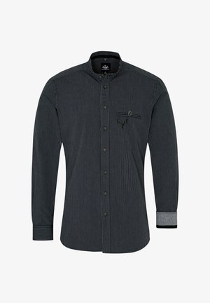 Donkerblauw lange mouwen overhemd met dunne verticale strepen. Heeft een borstzak, contrasterende kraag en manchetten, en een afgeronde zoom.