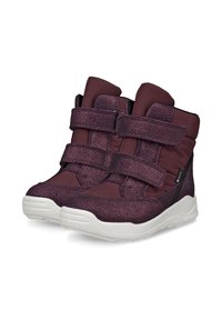 Scarpe invernali alte viola con due larghe strisce in velcro e suole in gomma bianche, progettate per il freddo.