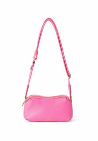 Roze leren handtas met een gestructureerde afwerking, slanke vorm en verstelbare schouderband. Voorzien van een gouden ritssluiting en gouden branding aan de voorkant.