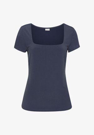 Marineblaues Kurzarmshirt aus glattem Stoff mit quadratischem Ausschnitt und taillierter Passform, das über dezente Nähte und keine sichtbaren Muster verfügt.