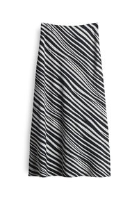 Gonna midi a strisce bianche e nere con un design fluido, caratterizzata da linee orizzontali ondulate e una superficie liscia. Progettata con una vita aderente.