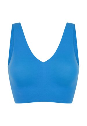 Soutien-gorge bleu sans couture avec un décolleté en V profond, des bretelles larges et une texture lisse ; sans matériel ou détails visibles.