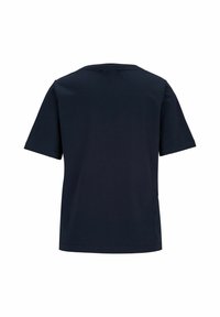 Korte mouwen t-shirt in donker marineblauw katoen. Klassieke ronde halslijn, gladde textuur, rechte snit zonder versieringen of patronen.