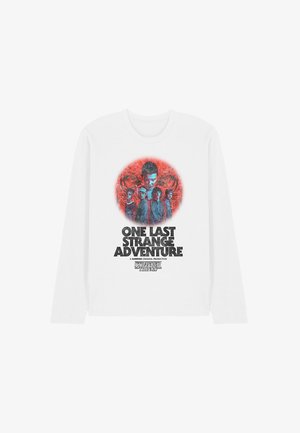 Long-sleeve white shirt featuring a graphic design with a red circular background, black text, and character illustrations from a TV show.