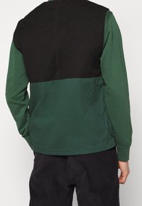 Zweifarbiger Pullover in Grün und Schwarz. Er hat einen einfarbigen schwarzen oberen Teil und einen lebhaften grünen unteren Teil, gefertigt aus weichem Stoff mit langen Ärmeln.